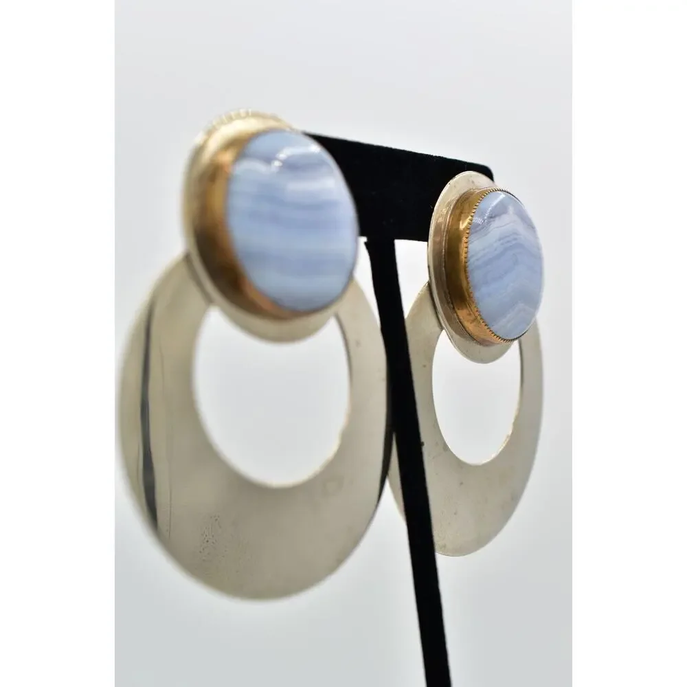 Dizan Diane Blother Vintage Clip On Earrings Blue Lace Agate Chunky Signed BinBK